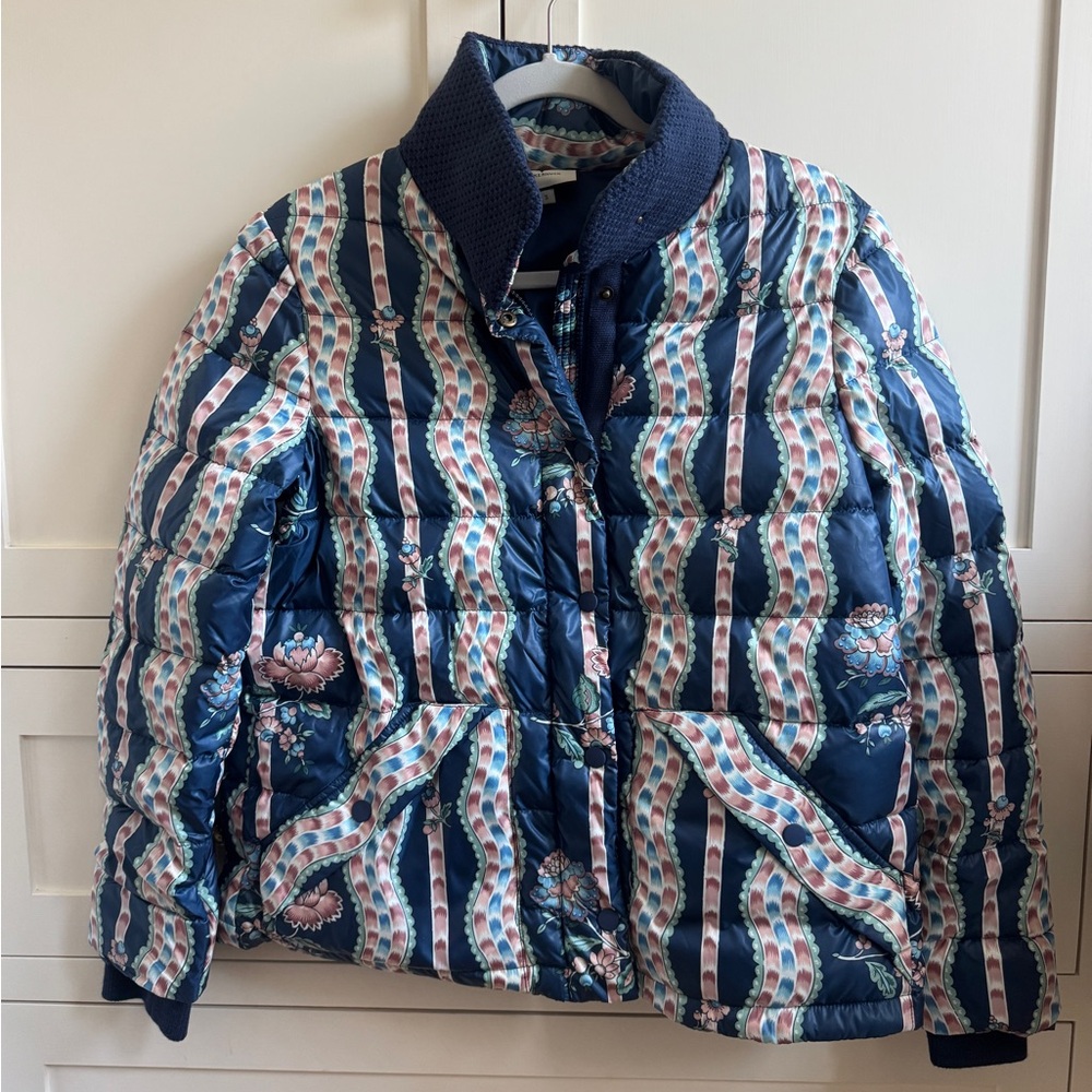 Tuckernuck blue quilted puffer coat with floral striped pattern